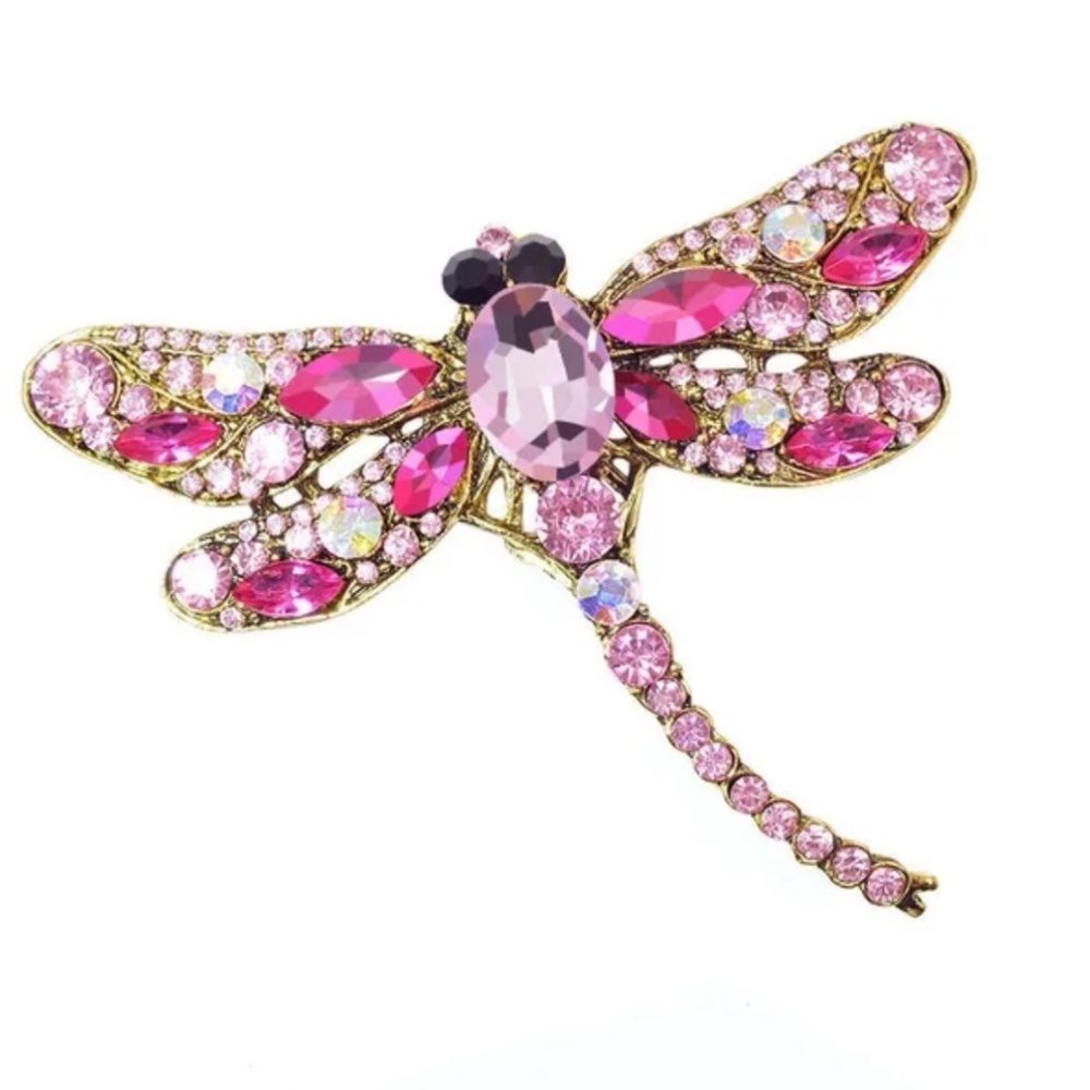 ❤️ 3/$35 Beautiful Large Diamonte and Rhinestone Pink, Black and Gold Dragonfly